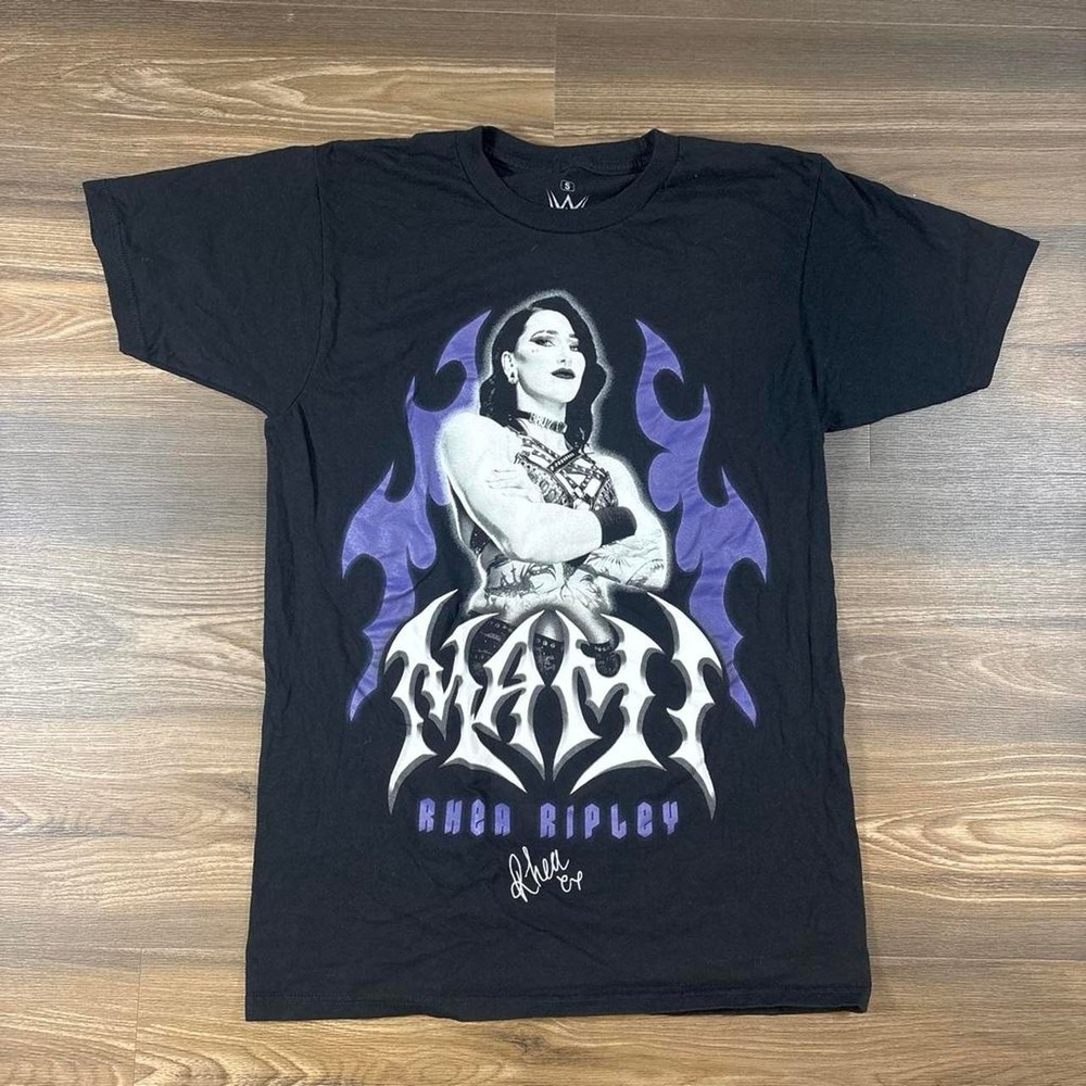 WWE Rhea Ripley black cotton t-shirt with graphic of a woman
